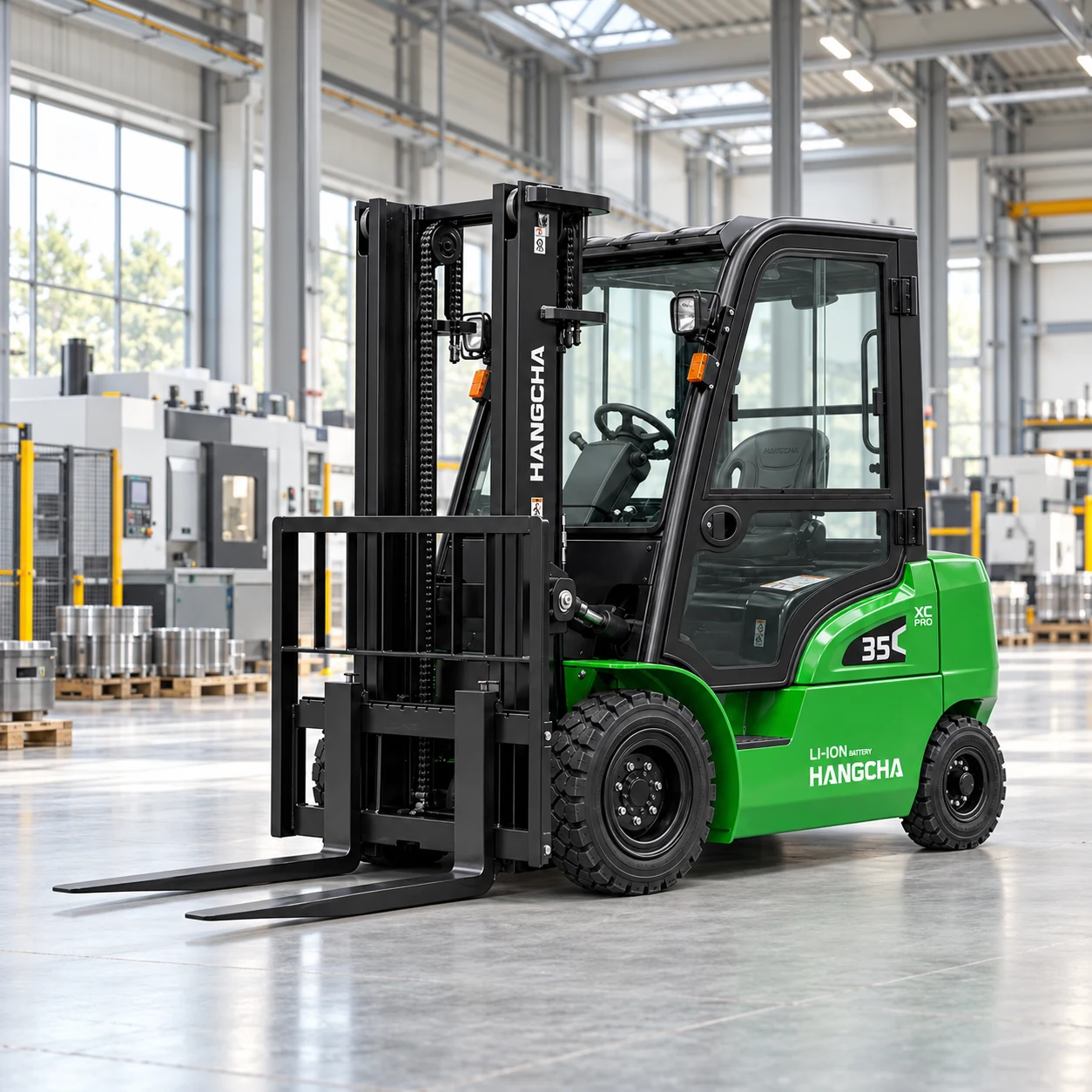 Grüner Hangcha XC Pro Elektrostapler in einer modernen Produktionshalle